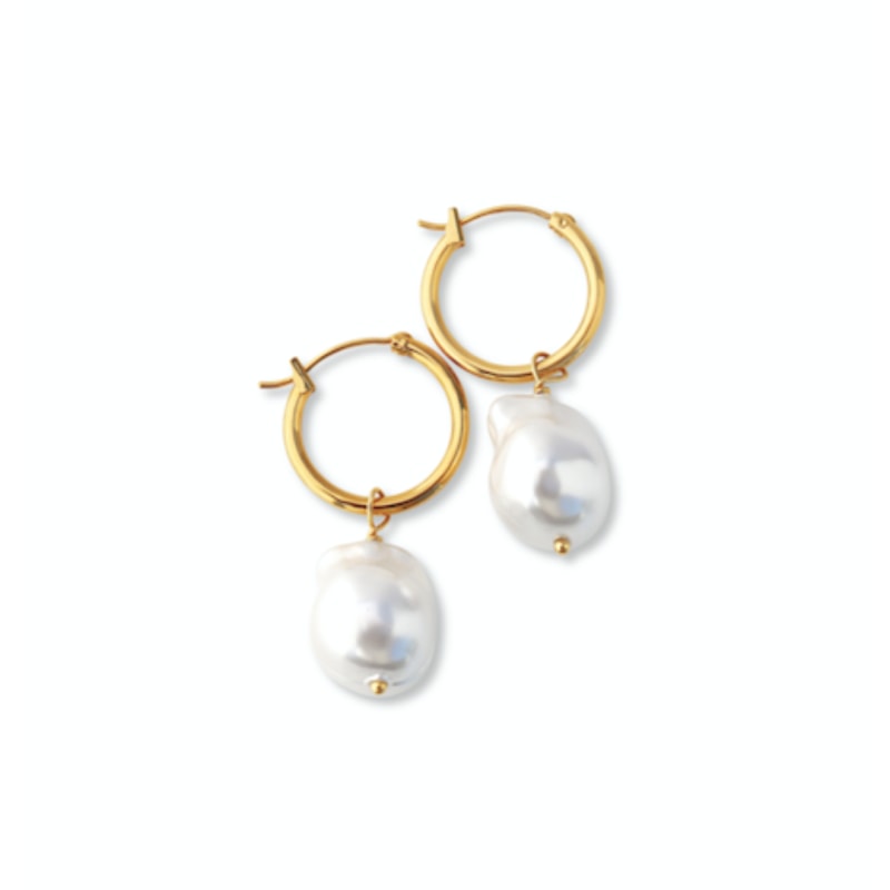 Thumbnail of Steel Me Yellow Gold Baroque Pearl Hoop Earrings image