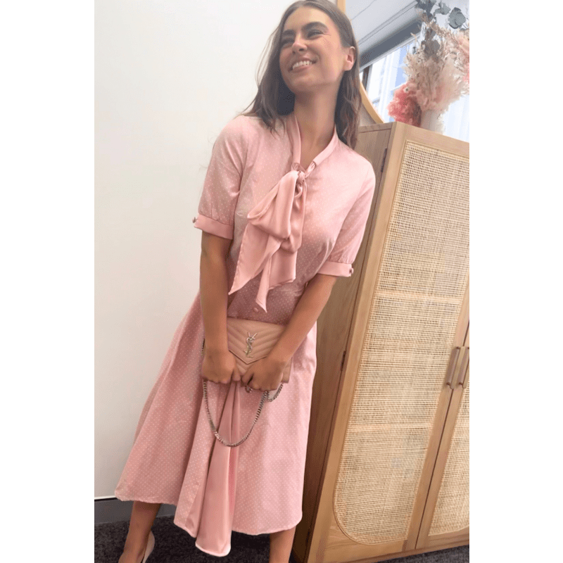 Thumbnail of Stella Skipping Fit & Flare Dress With Bow Collar In Dusty Pink Pin Spot image