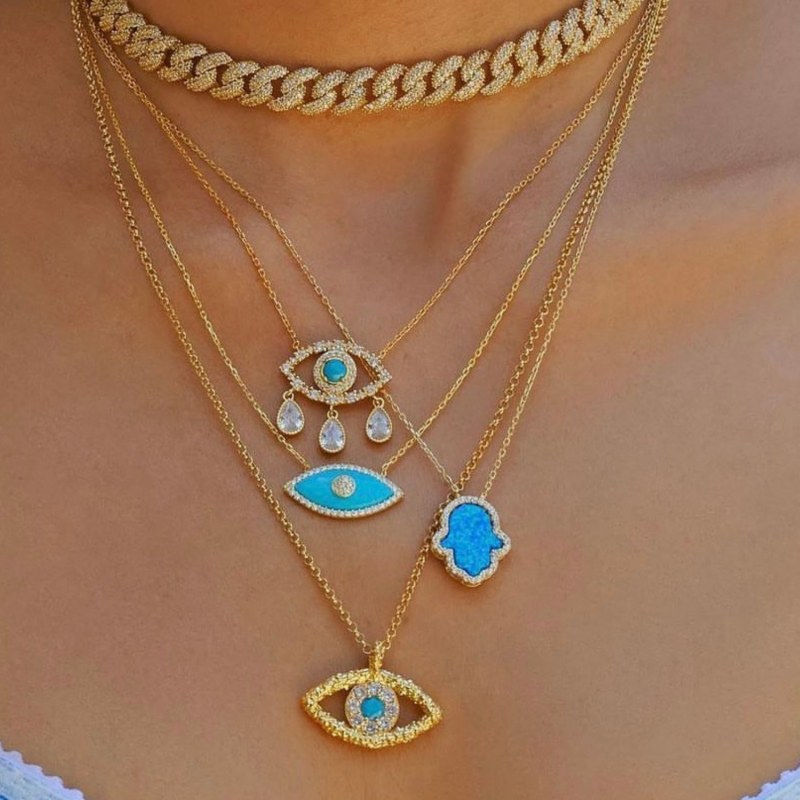 Thumbnail of Sterling Silver Gold Plated Turquoise Hammered Evil Eye Nazar Necklace image