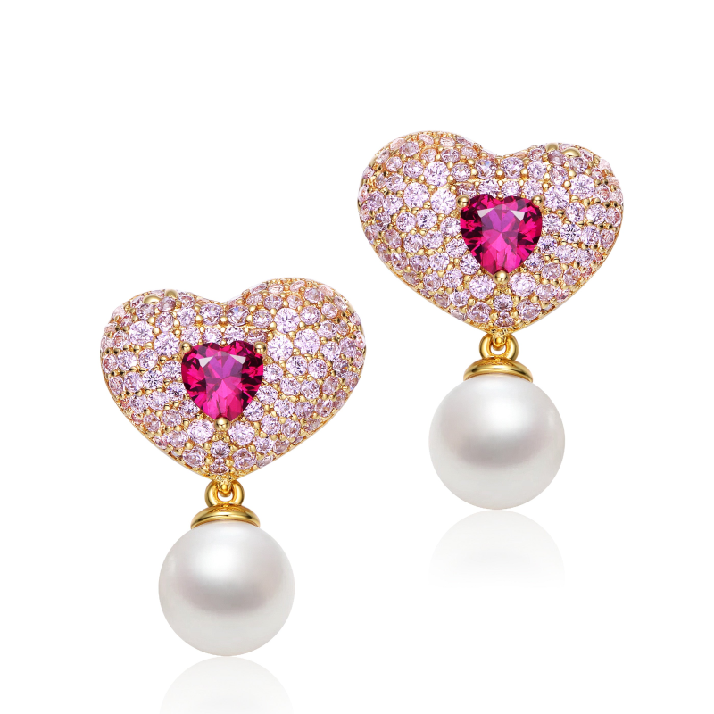 Sterling Silver Gold Plated Ruby Cubic Zirconia Pearl Heart Drop