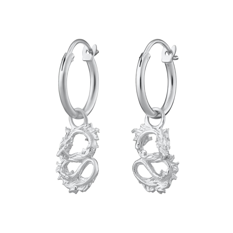 Thumbnail of Sterling Silver Chinese Dragon Charm Hoop Earrings image