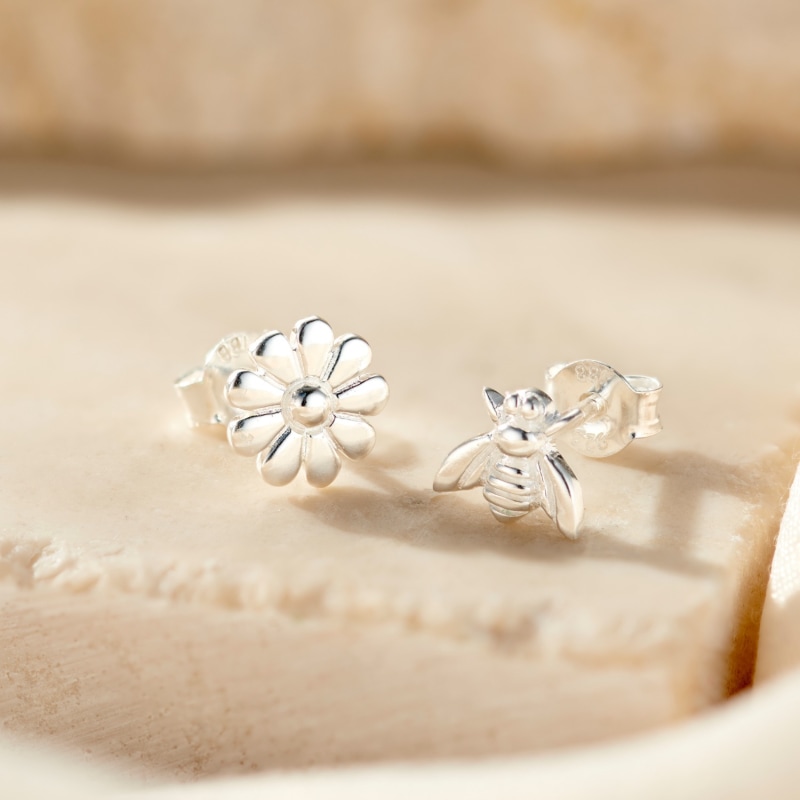 Thumbnail of Sterling Silver Flower And Bee Stud Earrings image