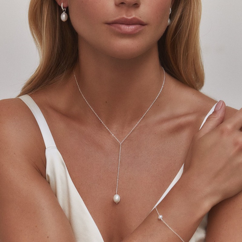 Sterling Silver Large Pearl Drop Lariat Necklace | Lily & Roo