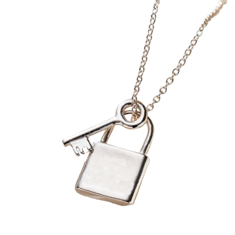 Gold Lock Charm Necklace, Lock Key Silver Charm