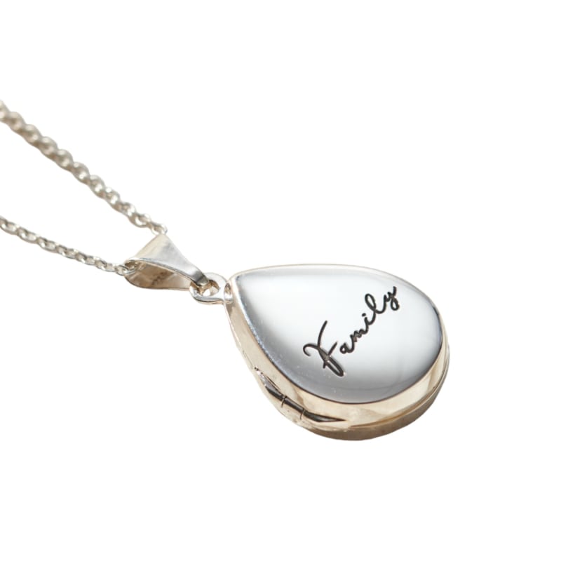 Sterling Silver Script Family Small Droplet Locket Necklace by Posh Totty Designs