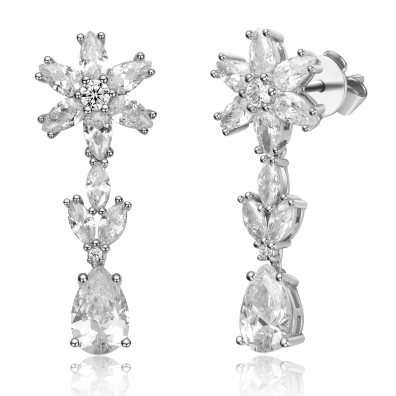 Sterling Silver White Gold Plated Cubic Zirconia Cluster Snowflake