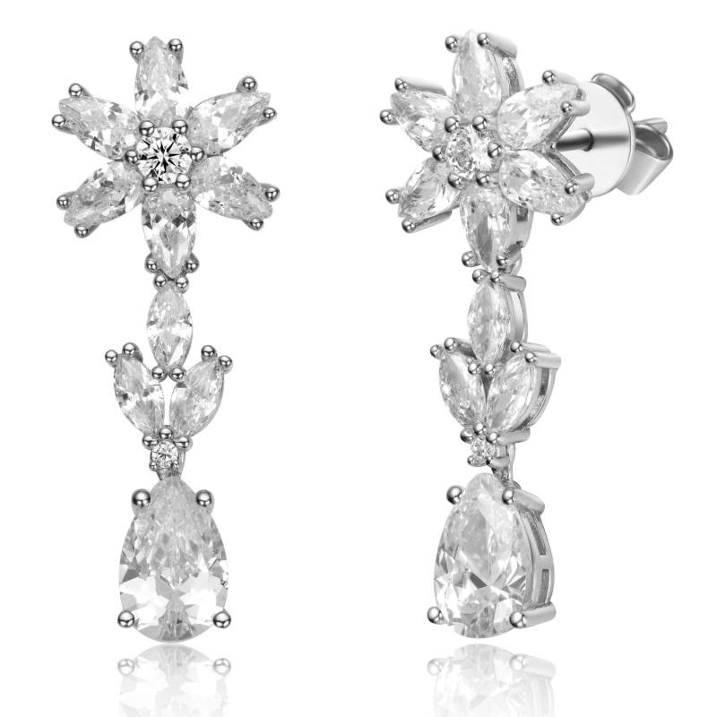 Sterling Silver White Gold Plated Cubic Zirconia Cluster Snowflake Formal Dangle Earrings by Genevive Jewelry