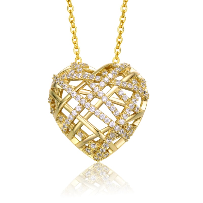 Sterling Silver Yellow Gold Plated Cubic Zirconia Knotted Ribbon Puffed  Heart Pendant Necklace, Genevive Jewelry