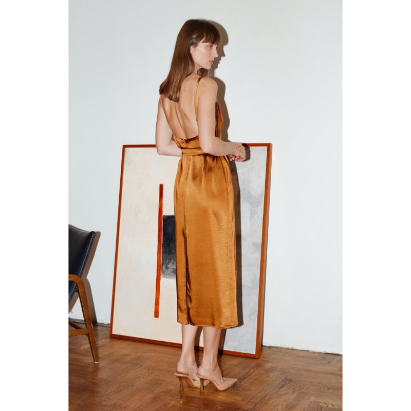 Thumbnail of Kamea Tawny Brown Satin Draped Front Open Back Midi Dress image