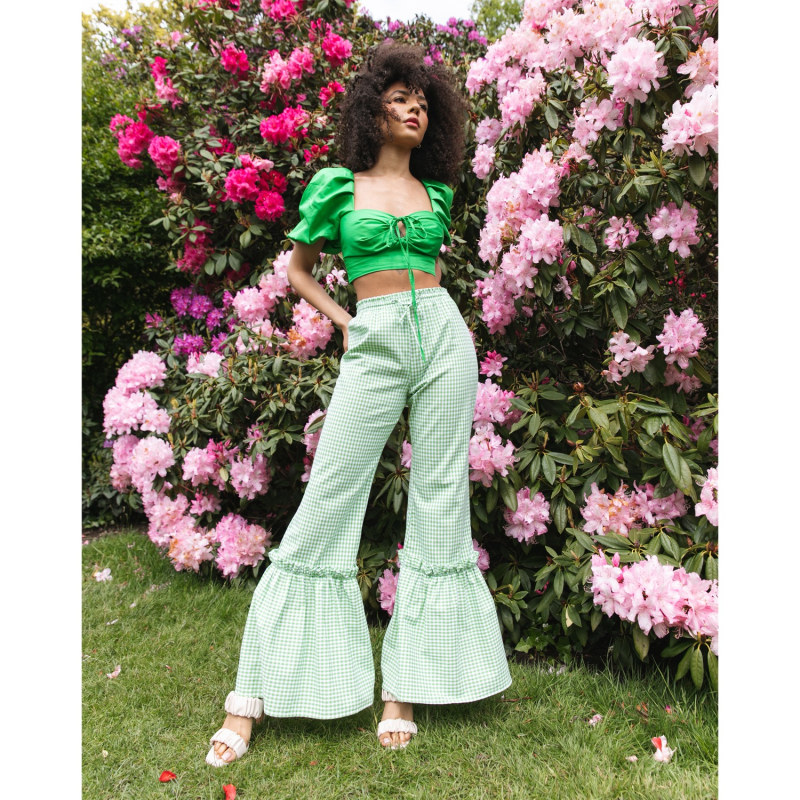 Thumbnail of The Ginger Flare Frill Trouser In Green Gingham image