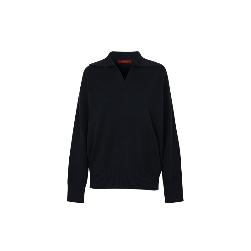 Solid Open Collar Cashmere Sweater-Navy by CALLAITE