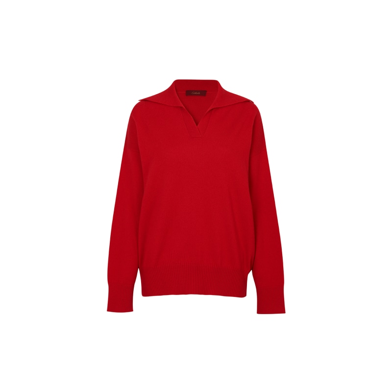 Solid Open Collar Cashmere Sweater - Red by CALLAITE