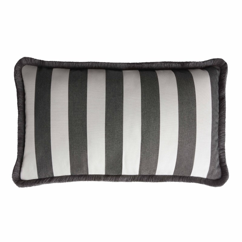 Thumbnail of Couple Striped Happy Pillow Outdoor - White & Carbon - Fringes & Piping - Grey image