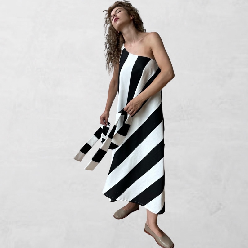 Black and white striped a line dress sale