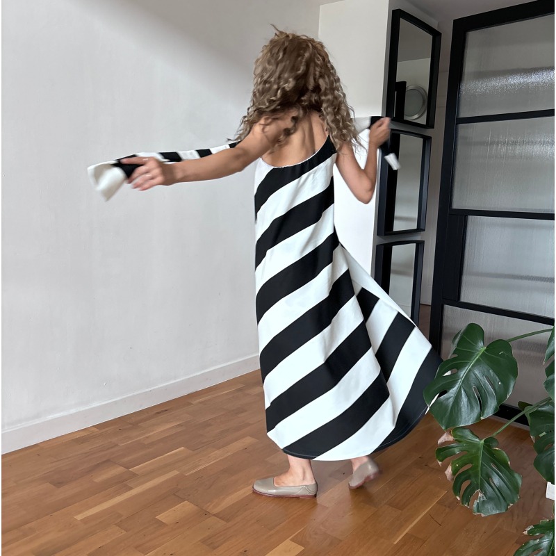 Striped One Shoulder A Line Dress With Matching Tie by London Atelier Byproduct
