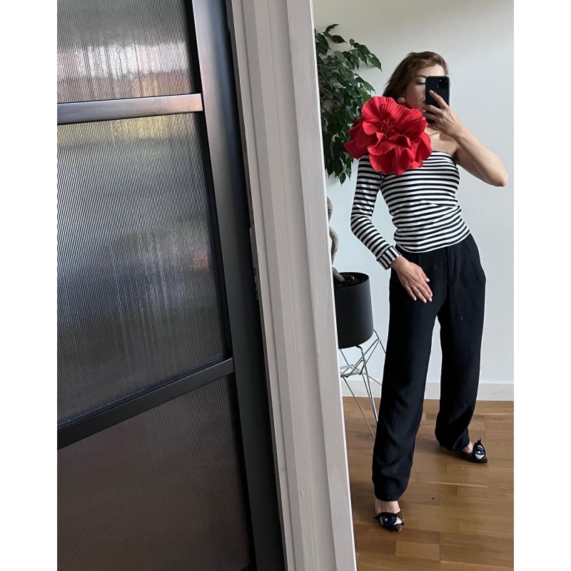 Striped One Sleeve Top With Red Flower Pin London Atelier Byproduct