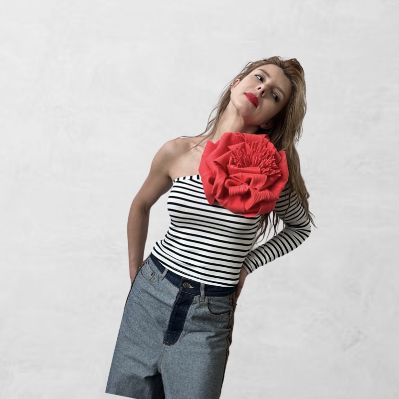 Striped One Sleeve Top With Red Flower Pin London Atelier Byproduct