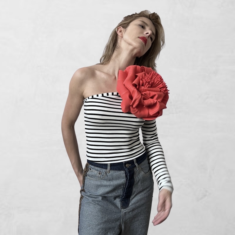 Striped One Sleeve Top With Red Flower Pin London Atelier Byproduct