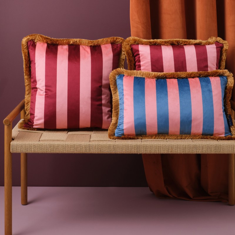 Blue Pink Stripes Fringe Velvet Rectangle Cushion by Melody Rose London