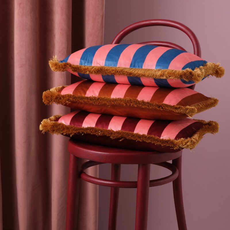 Thumbnail of Blue & Pink Stripes Fringe Velvet Rectangle Cushion image