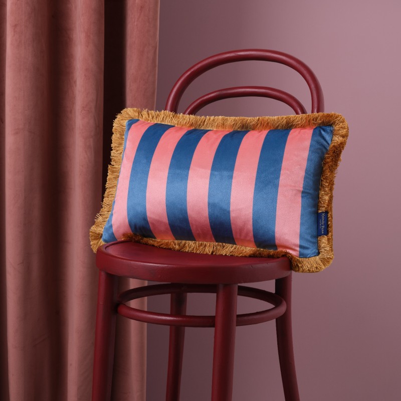 Thumbnail of Blue & Pink Stripes Fringe Velvet Rectangle Cushion image