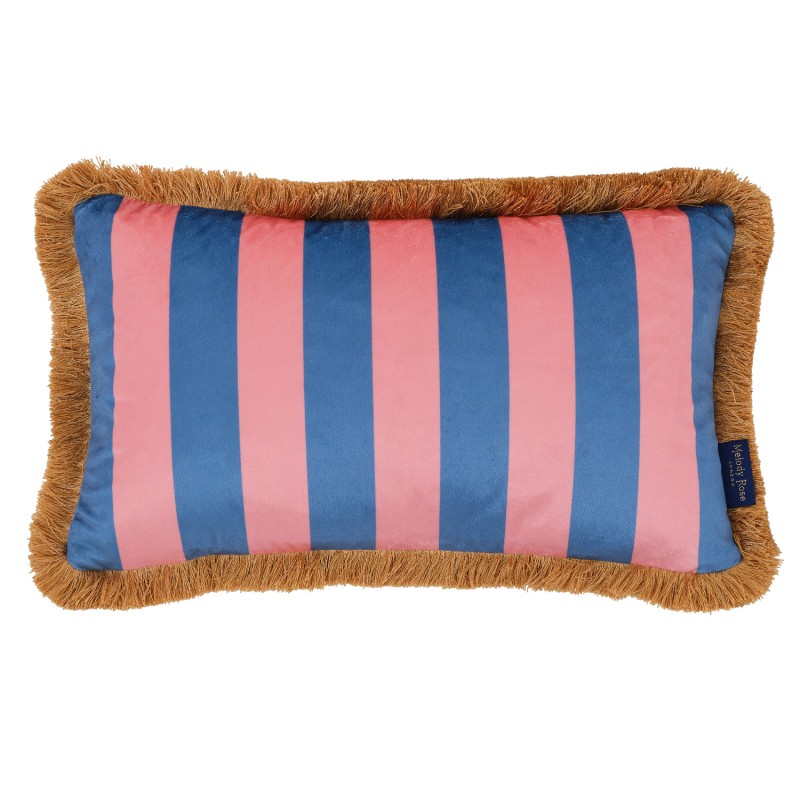 Thumbnail of Blue & Pink Stripes Fringe Velvet Rectangle Cushion image