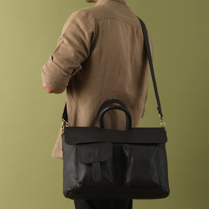 Leather briefcase with shoulder strap sale