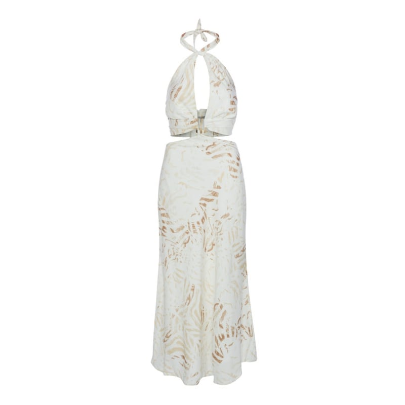 Thumbnail of Cut-Out Detail, Linen Blend, Backless, Full Patterned, Maxi Dress With Tie-Neck image