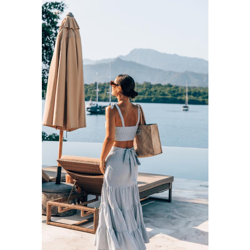 Thumbnail of Summer Spinning Crop Top & Maxi Skirt Set In Nautical Blue & White Stripe image