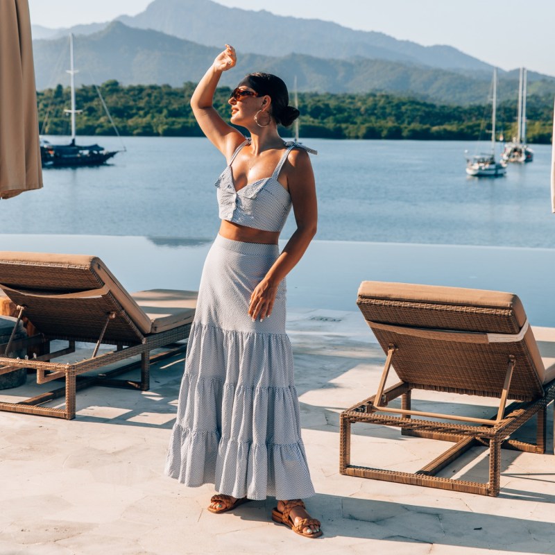 Thumbnail of Summer Spinning Crop Top & Maxi Skirt Set In Nautical Blue & White Stripe image