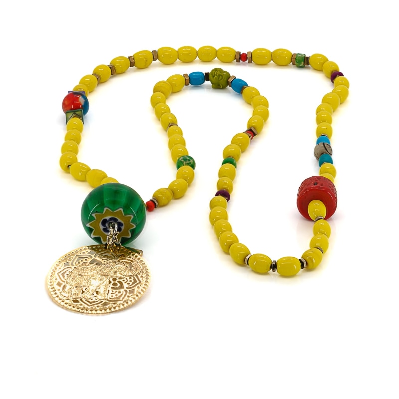 Thumbnail of Filigree Gold Elephant Pendant African Beaded Yellow Necklace - Yellow image