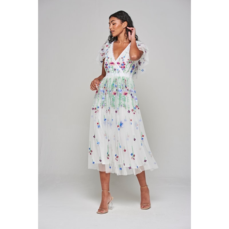 Thumbnail of Suzette Floral Embroidered Midi Dress - White image