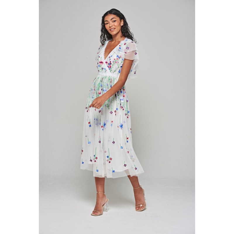 Thumbnail of Suzette Floral Embroidered Midi Dress - White image