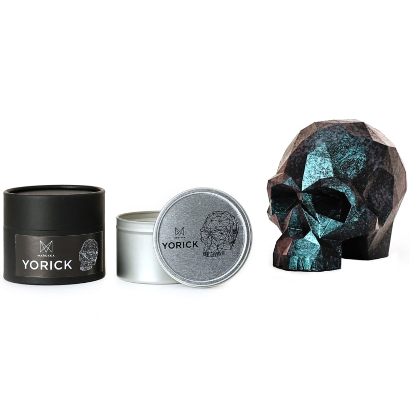 Thumbnail of Handmade Natural Wax Candle - Skull Yorick Large Silver Tin Complete With Geometric Heart & Message image