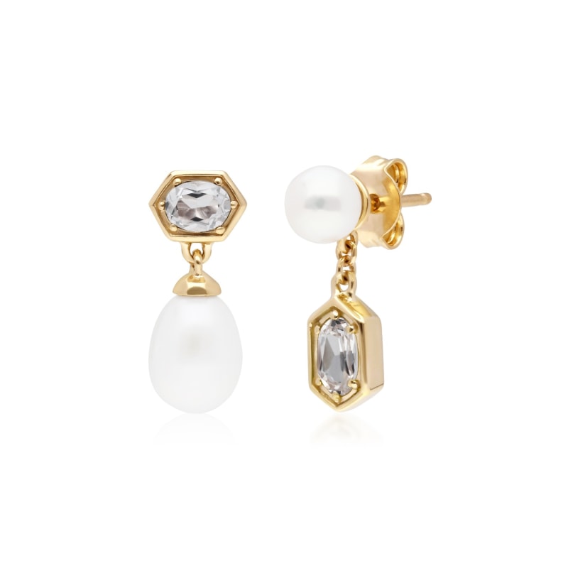 Thumbnail of Modern Pearl & White Topaz Mismatched Drop Earrings In Yellow Gold Plated Sterling Silver image