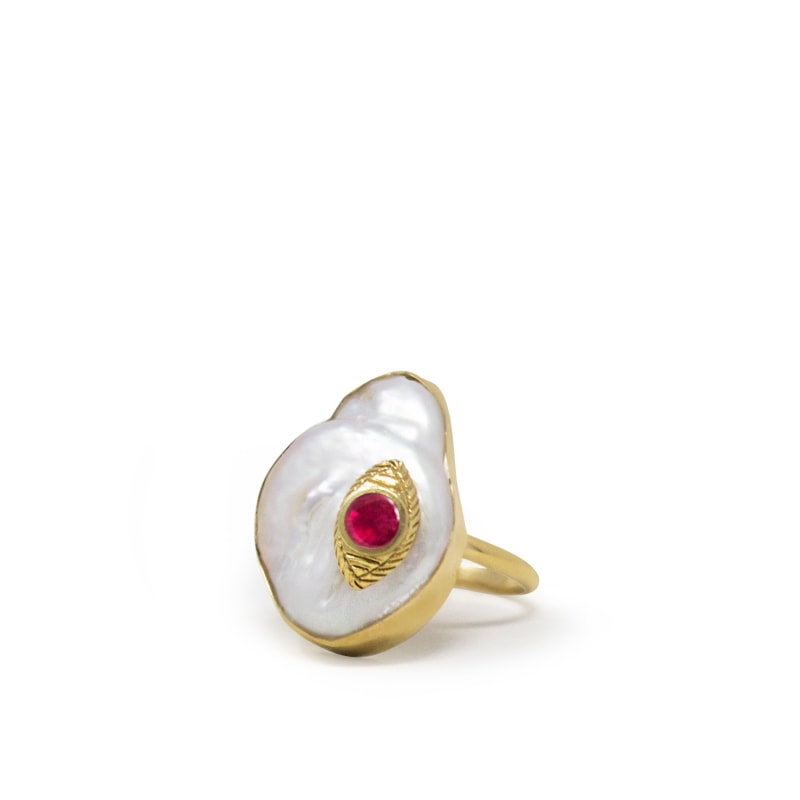 Thumbnail of The Eye Gold-Plated Ruby & Pearl Ring image