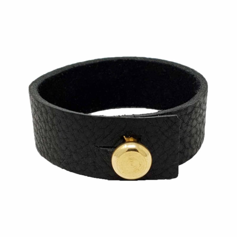 Thumbnail of Mens Black Leather Bracelet With Large Brass Button image