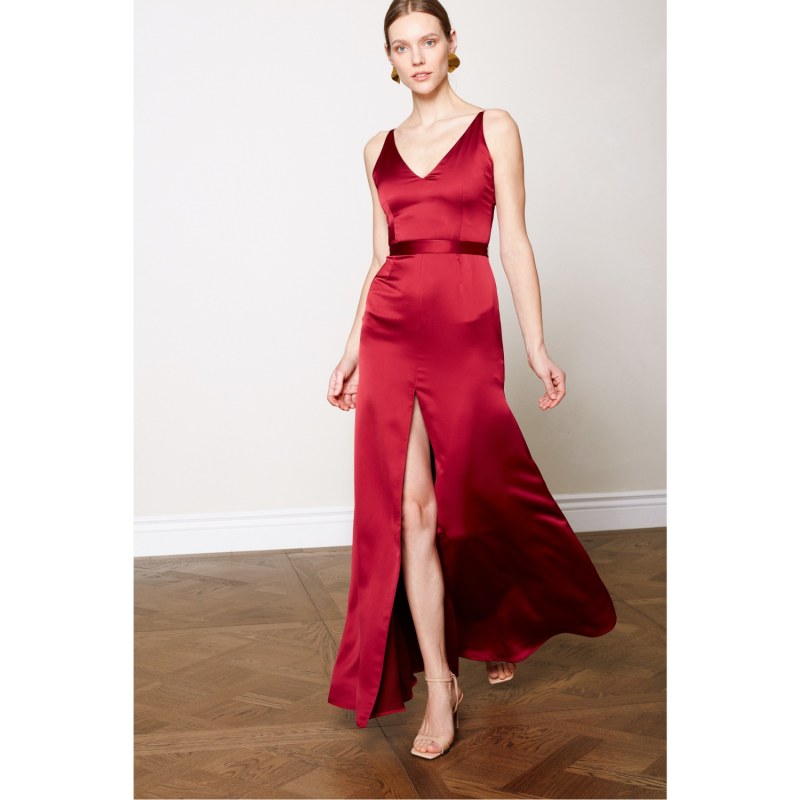 Delina Deep Red Satin Maxi Dress With Front Slit Undress Wolf Badger