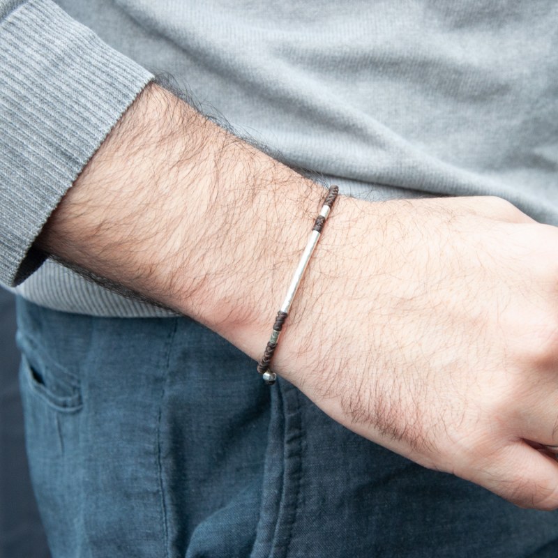 Thumbnail of Brown Rounded Viking-Style Men Bracelet - Hammered Silver With Knots - Brown image