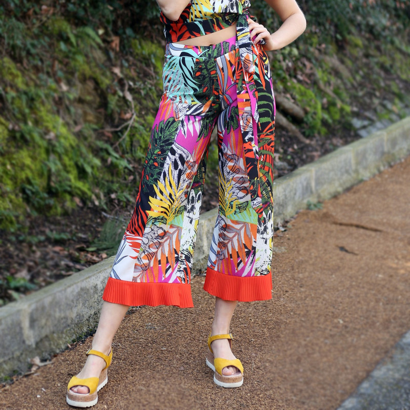 Thumbnail of Colorful Abstract Floral-Print Wide-Leg Pants With Pleated Cuffs image