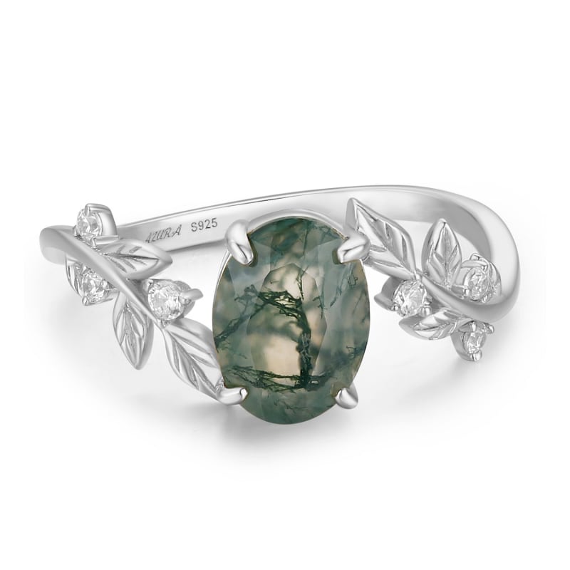 Thumbnail of Between The Leaf Oval Moss Agate Ring White Gold Vermeil© image