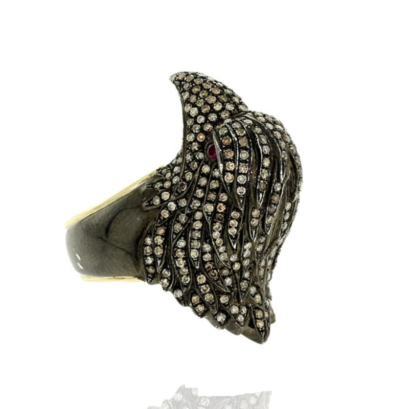 Thumbnail of 14K Gold 925 Sterling Silver With Ruby & Pave Diamond Eagle Shape Antique Ring image