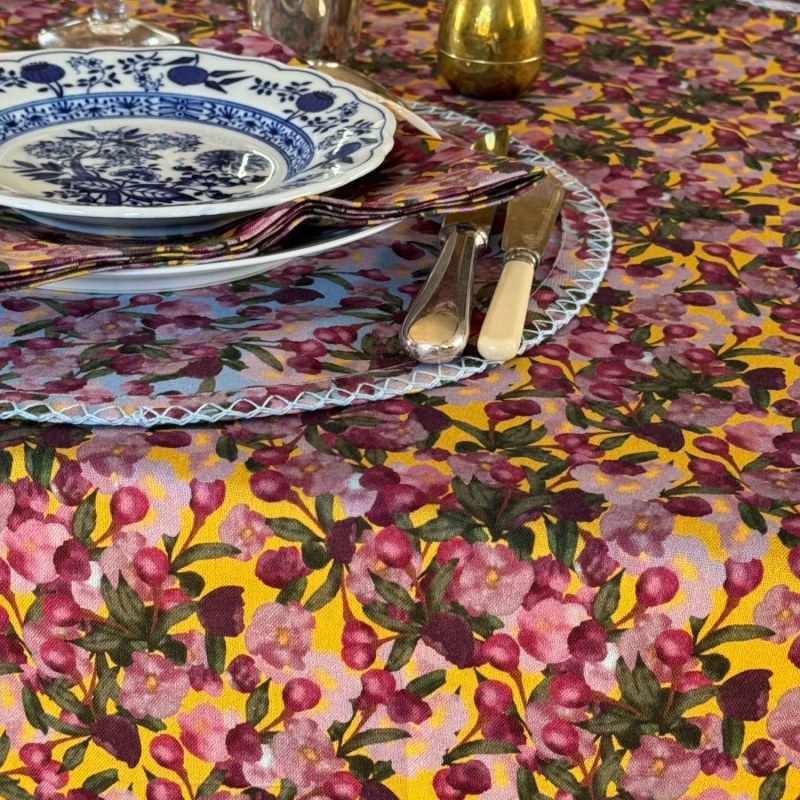 Thumbnail of Square Tablecloth In Romantic Pink Cherry Blossom Flower Print On Yellow image