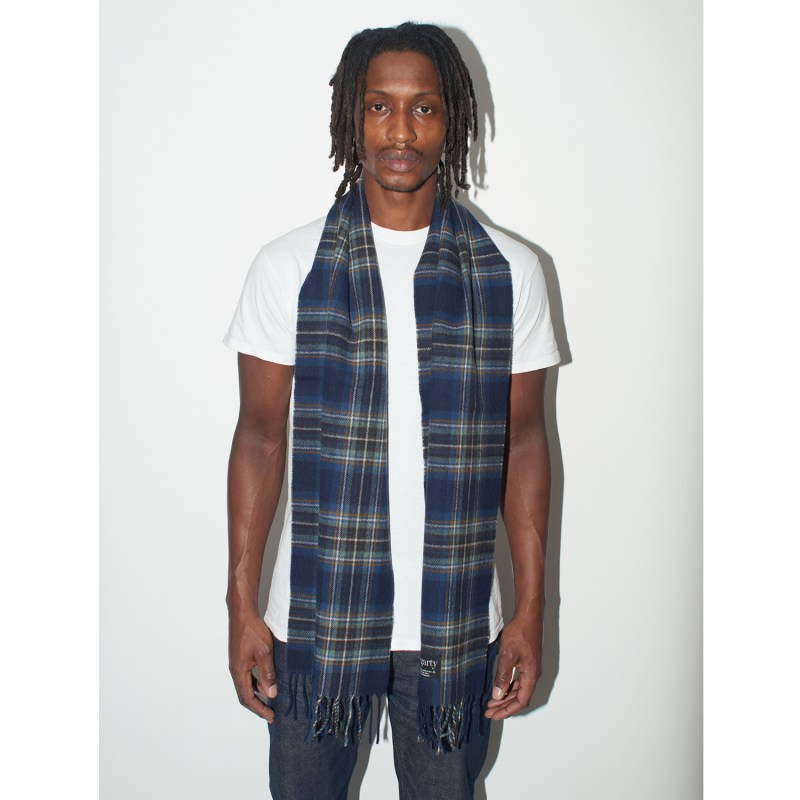 Thumbnail of Tan Check Blue Tartan Lambswool Scarf Mens image