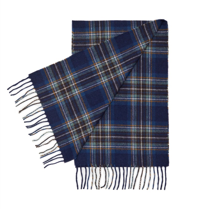 Tan Check Blue Tartan Lambswool Scarf Mens by Hegarty