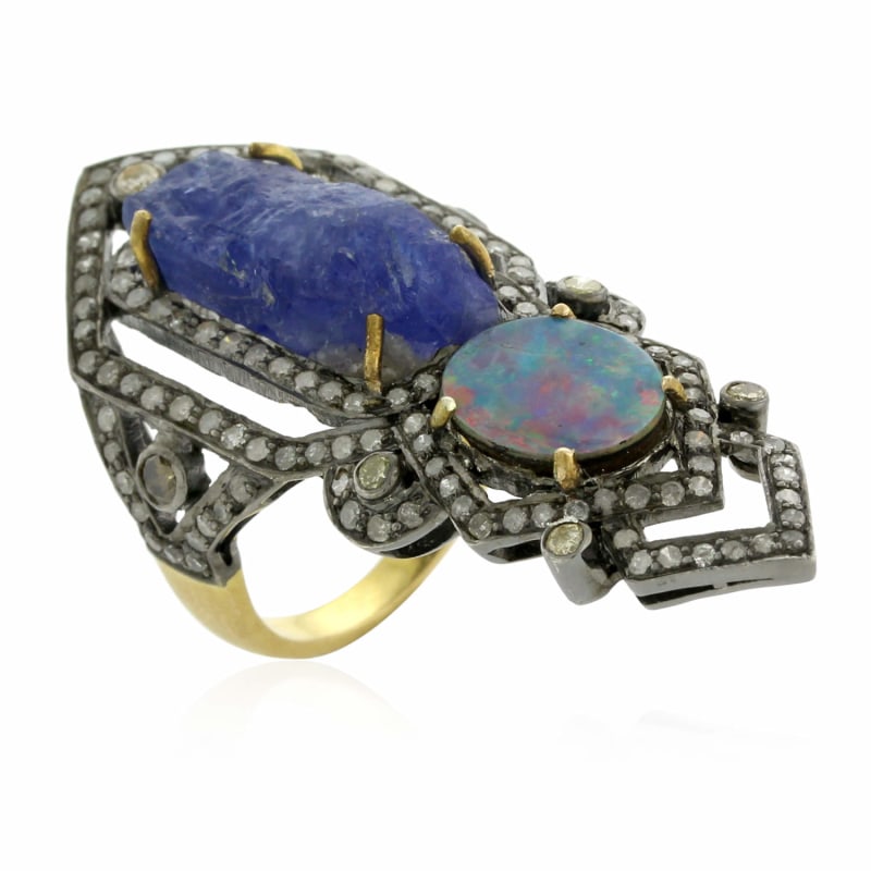 Thumbnail of Tanzanite & Doublet Opal Knuckle Ring With Pave Diamonds In 18K Gold & Silver image