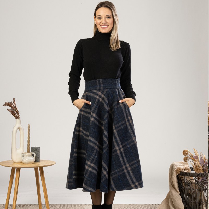 Wool Midi Tartan Skirt With High Waist Pockets by Nikka Place