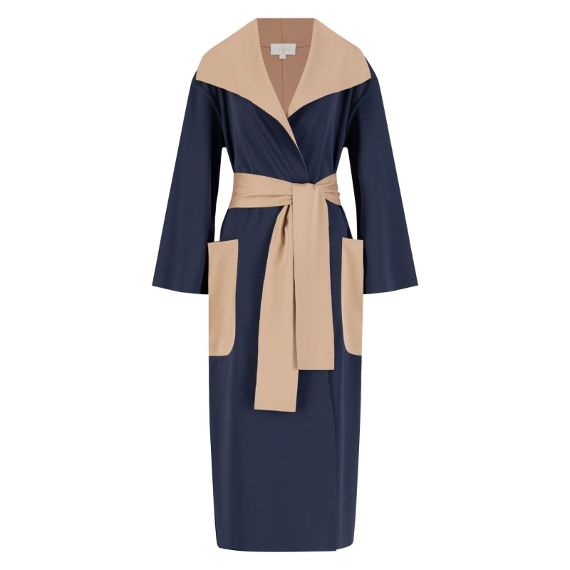 Two Toned Belted Jacket With Pockets In Navy Blue Beige by Azzalia