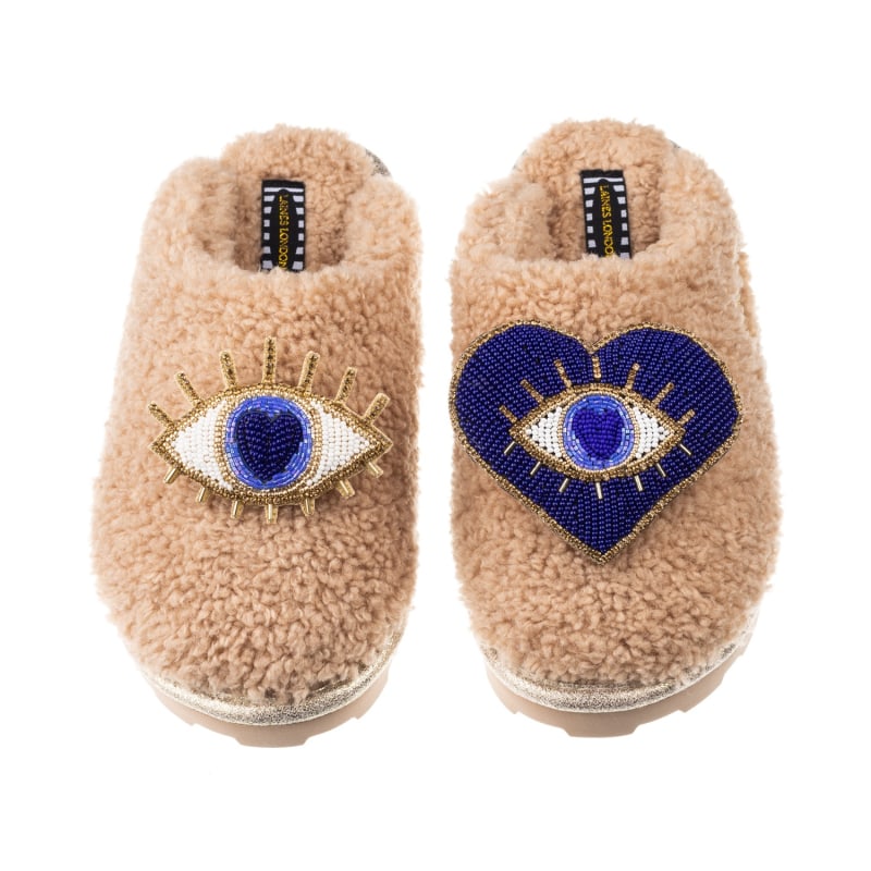 Thumbnail of Teddy Towelling Closed Toe Slippers With Double Blue Eye Brooches - Toffee image