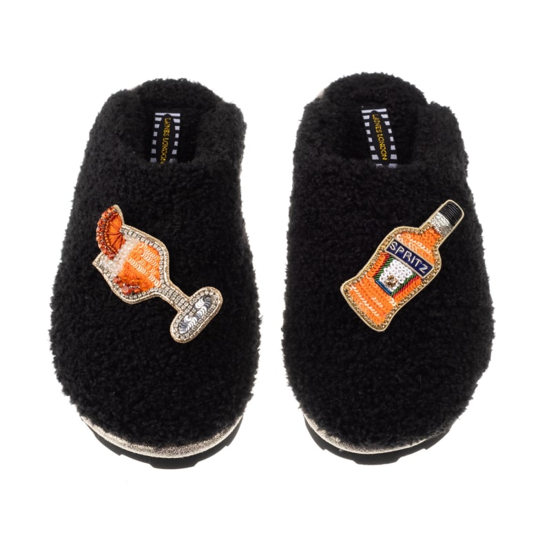 Teddy Towelling Closed Toe Slippers With Summer Spritz Brooches - Black by  LAINES LONDON